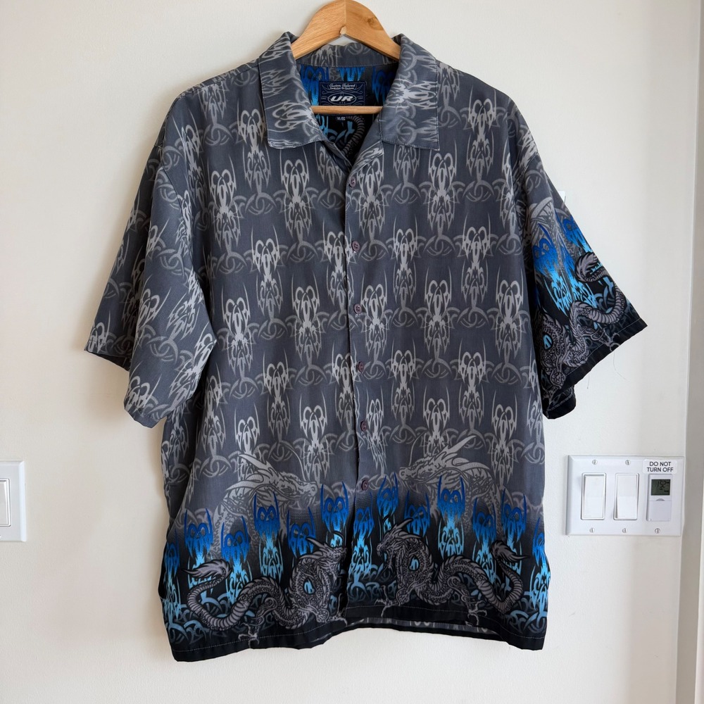 Urban Rags Dragon Flame Tribal Print Shirt Grey Blue Mens XL Y2K Mall Goth